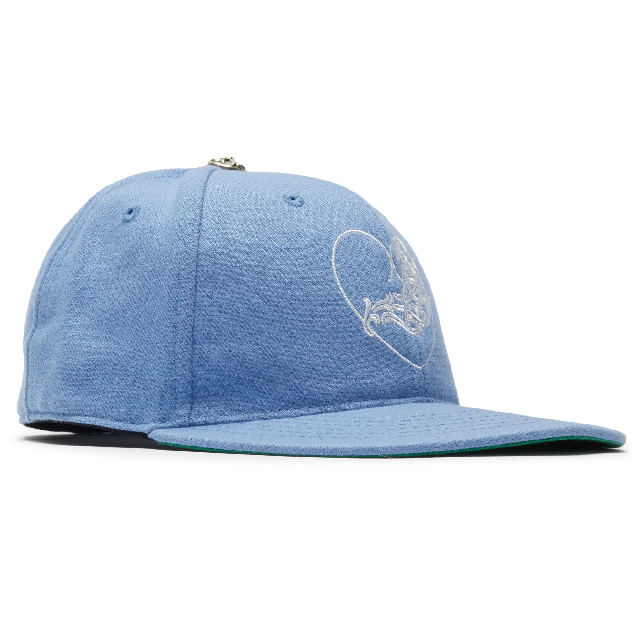 Front Side View of Chrome Hearts Vinny Heart Embroidered Light Blue Baseball Cap